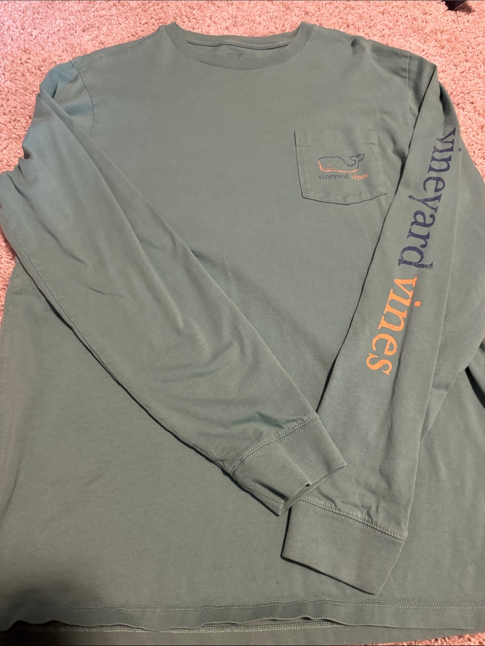 Vineyard Vines Men's Long-Sleeve Pocket Tee in Sage Green with Orange Accent